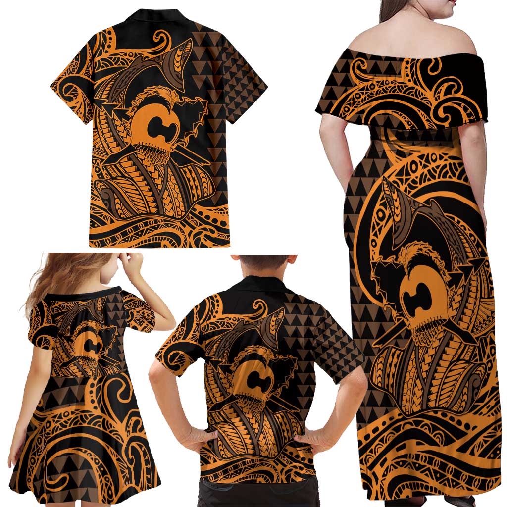 Koa Ikaika Warrior Helmet with Shark Family Matching Off Shoulder Maxi Dress and Hawaiian Shirt Gold Kakau Style LT9 - Polynesian Pride