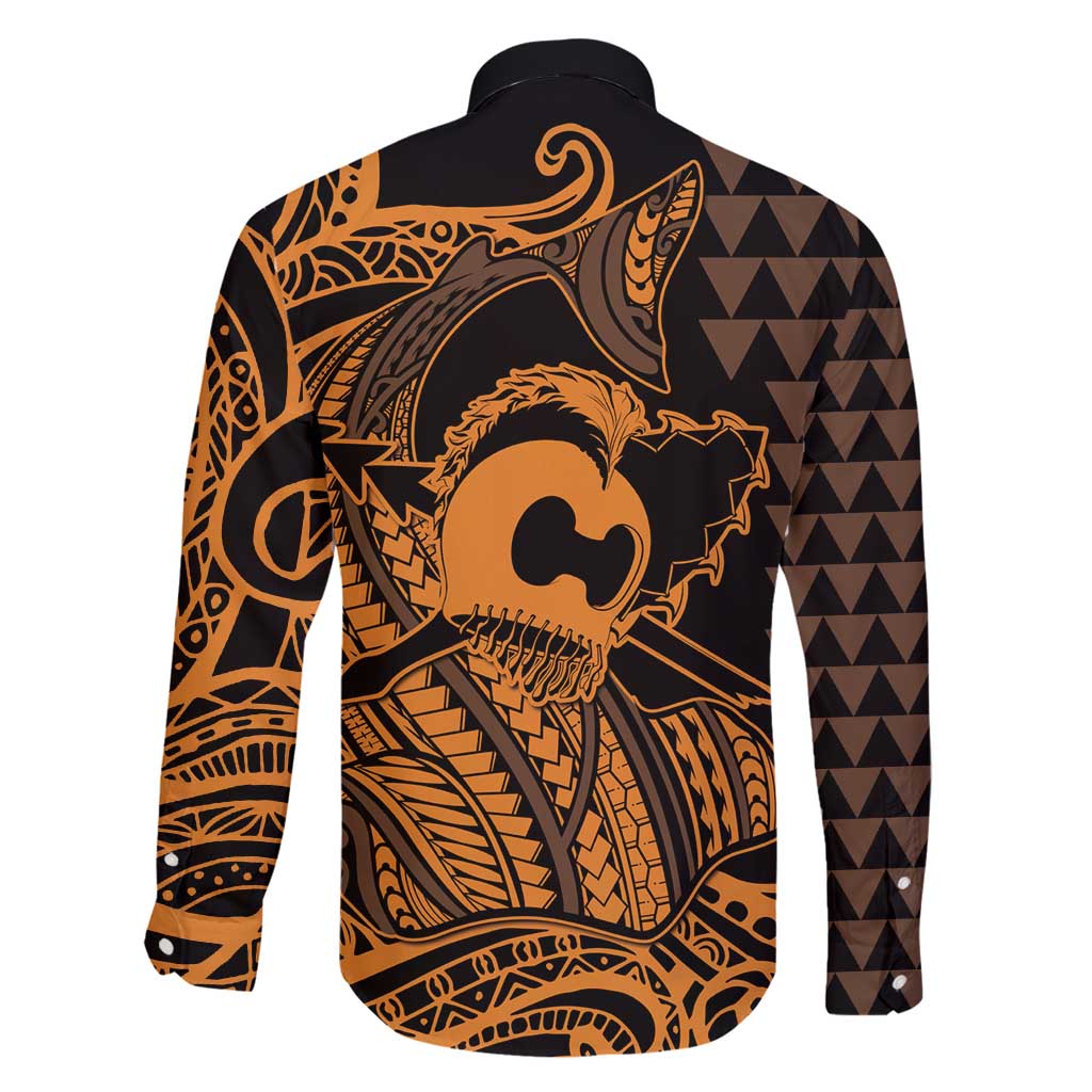 Koa Ikaika Warrior Helmet with Shark Family Matching Off Shoulder Maxi Dress and Hawaiian Shirt Gold Kakau Style LT9 - Polynesian Pride