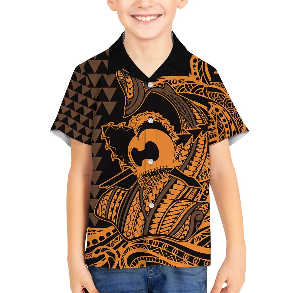 Koa Ikaika Warrior Helmet with Shark Family Matching Off Shoulder Maxi Dress and Hawaiian Shirt Gold Kakau Style LT9 Son's Shirt Gold - Polynesian Pride