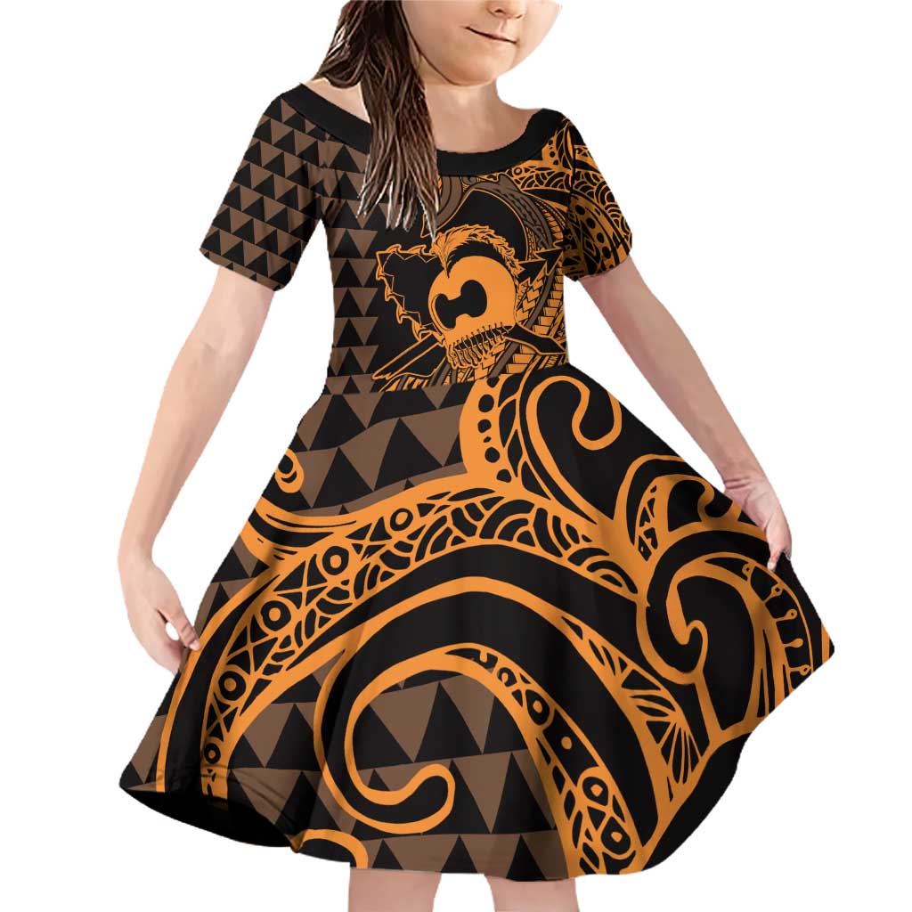 Koa Ikaika Warrior Helmet with Shark Family Matching Off Shoulder Short Dress and Hawaiian Shirt Gold Kakau Style LT9 Daughter's Dress Gold - Polynesian Pride