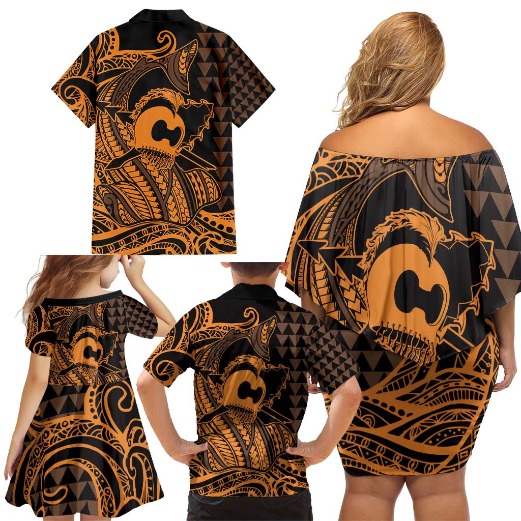 Koa Ikaika Warrior Helmet with Shark Family Matching Off Shoulder Short Dress and Hawaiian Shirt Gold Kakau Style LT9 - Polynesian Pride