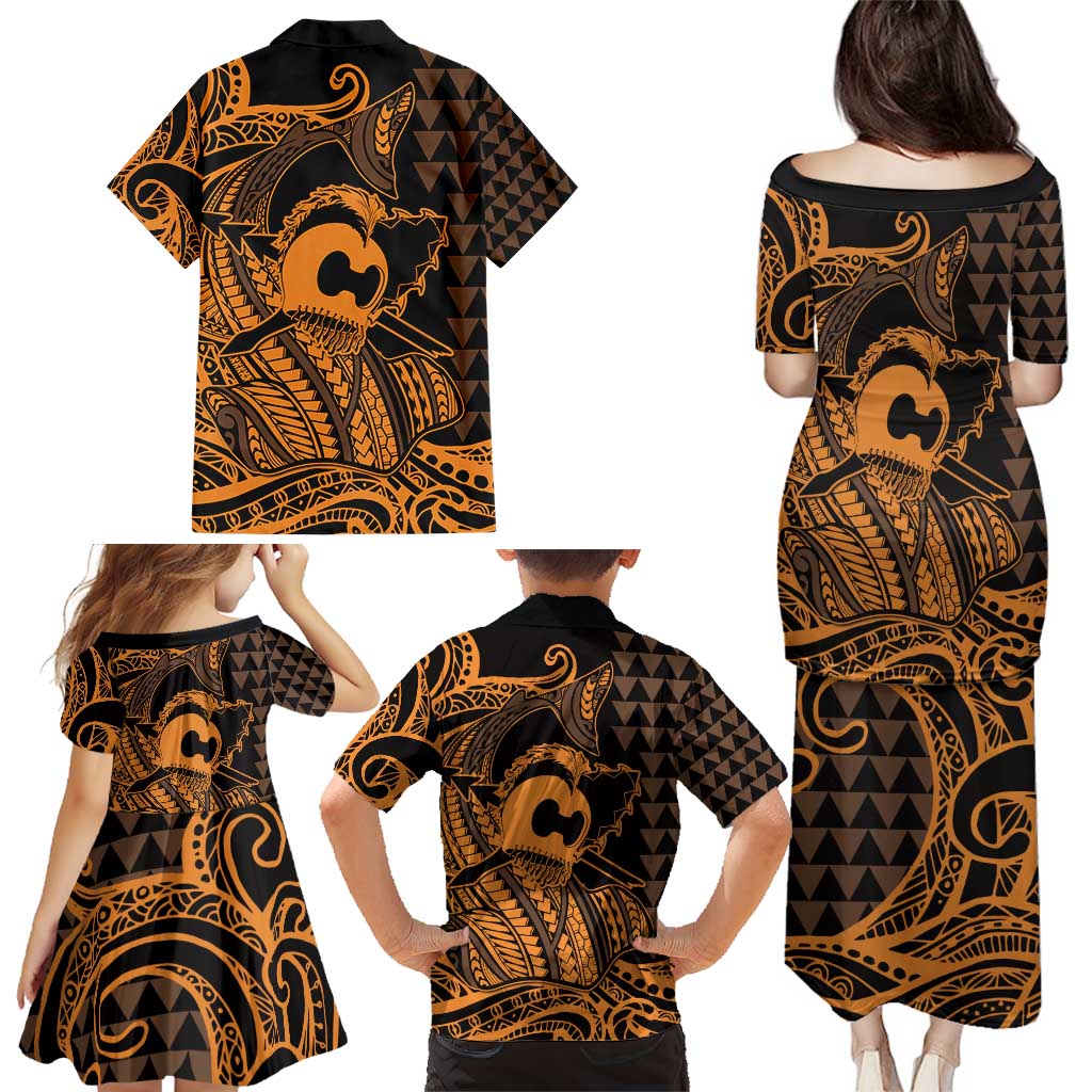 Koa Ikaika Warrior Helmet with Shark Family Matching Puletasi and Hawaiian Shirt Gold Kakau Style