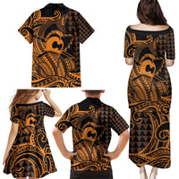 Koa Ikaika Warrior Helmet with Shark Family Matching Puletasi and Hawaiian Shirt Gold Kakau Style