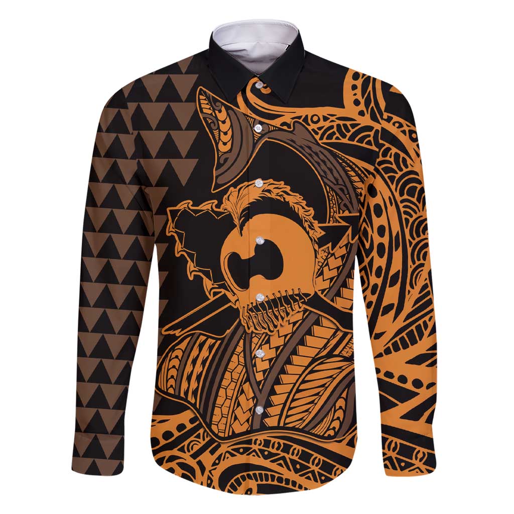 Koa Ikaika Warrior Helmet with Shark Family Matching Short Sleeve Bodycon Dress and Hawaiian Shirt Gold Kakau Style LT9 Dad's Shirt - Long Sleeve Gold - Polynesian Pride