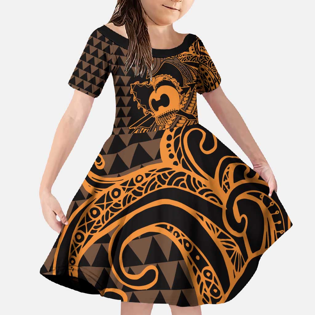 Koa Ikaika Warrior Helmet with Shark Family Matching Summer Maxi Dress and Hawaiian Shirt Gold Kakau Style LT9 Daughter's Dress Gold - Polynesian Pride