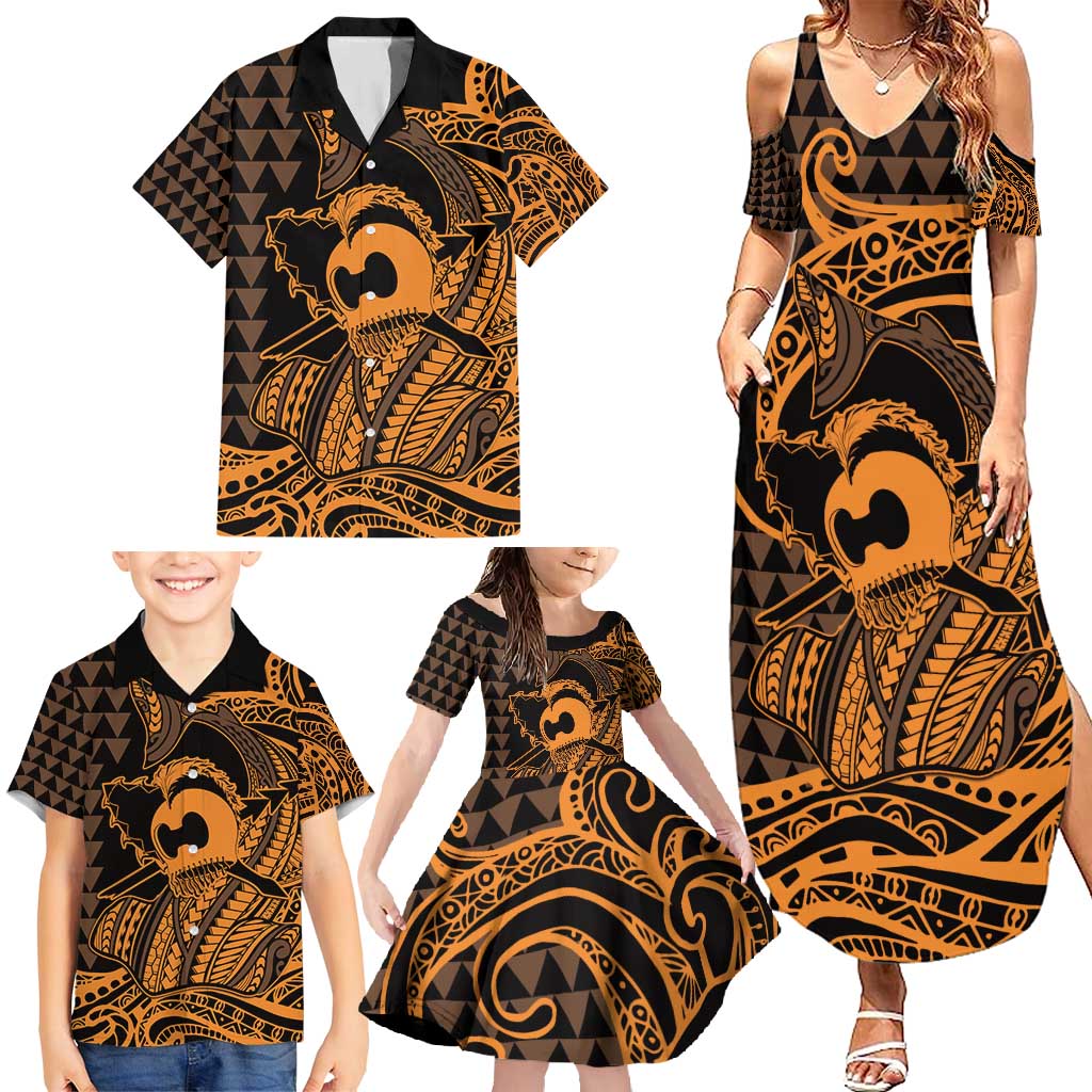 Koa Ikaika Warrior Helmet with Shark Family Matching Summer Maxi Dress and Hawaiian Shirt Gold Kakau Style LT9 - Polynesian Pride