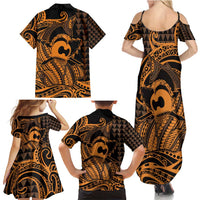 Koa Ikaika Warrior Helmet with Shark Family Matching Summer Maxi Dress and Hawaiian Shirt Gold Kakau Style LT9 - Polynesian Pride