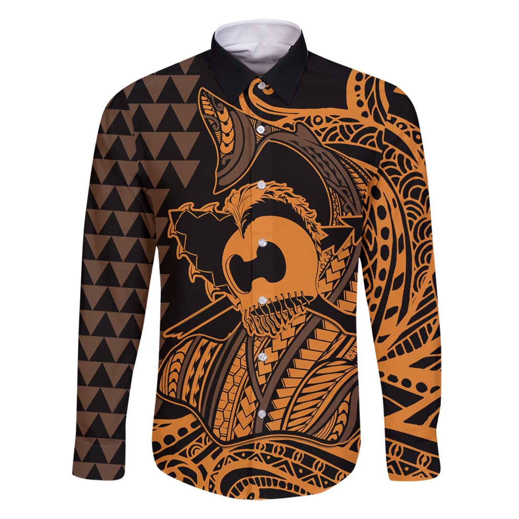 Koa Ikaika Warrior Helmet with Shark Family Matching Summer Maxi Dress and Hawaiian Shirt Gold Kakau Style LT9 Dad's Shirt - Long Sleeve Gold - Polynesian Pride