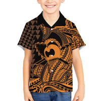 Koa Ikaika Warrior Helmet with Shark Family Matching Summer Maxi Dress and Hawaiian Shirt Gold Kakau Style LT9 Son's Shirt Gold - Polynesian Pride