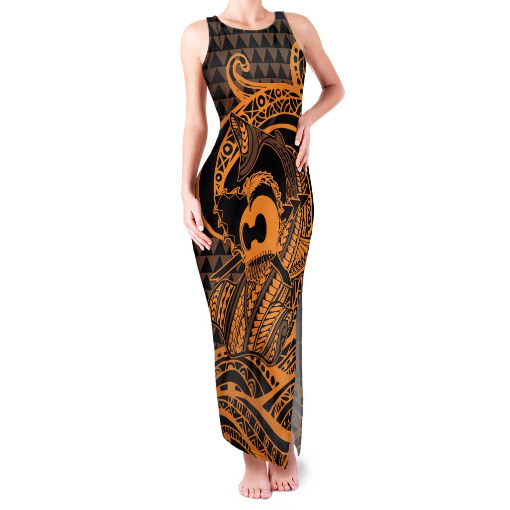 Koa Ikaika Warrior Helmet with Shark Family Matching Tank Maxi Dress and Hawaiian Shirt Gold Kakau Style LT9 Mom's Dress Gold - Polynesian Pride