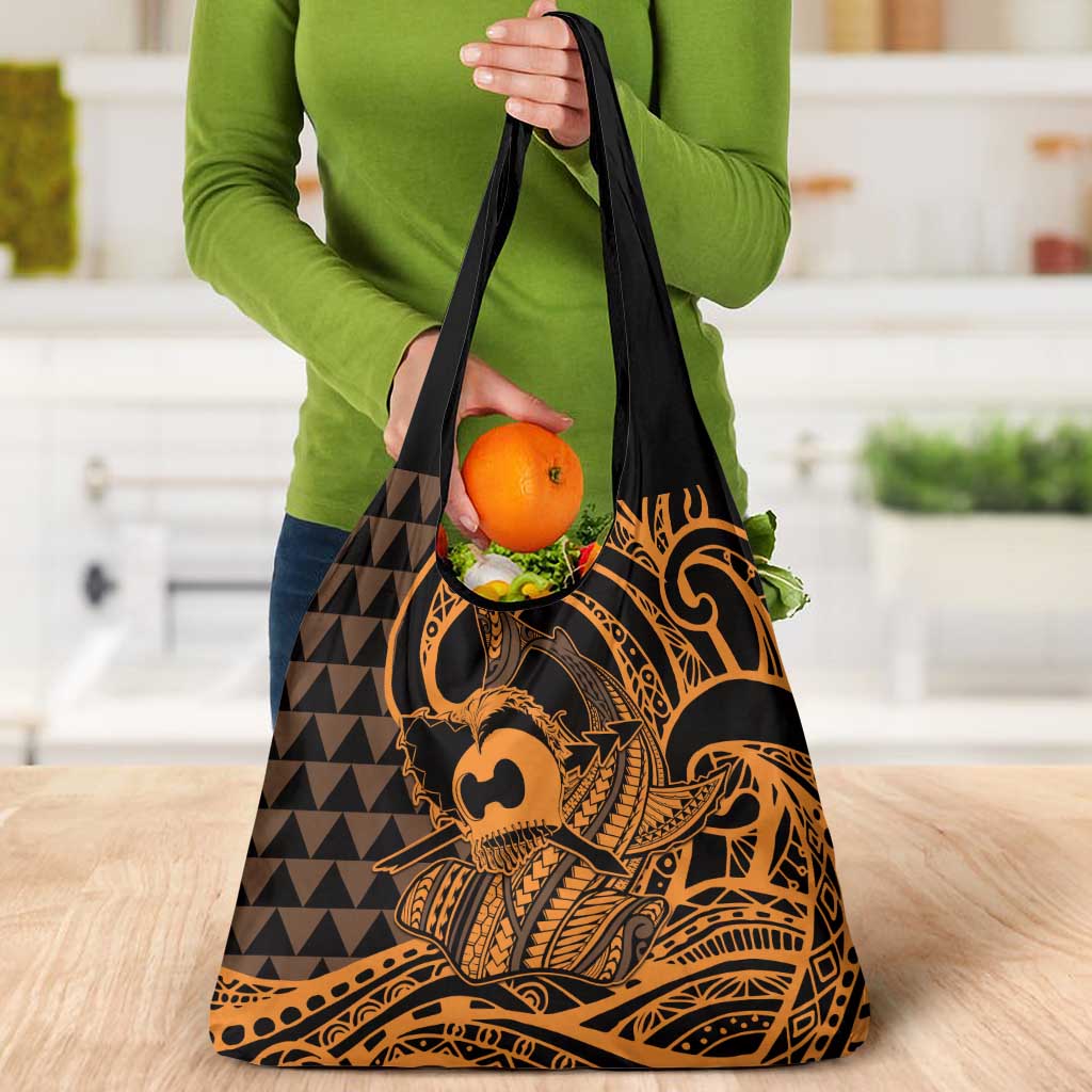 Koa Ikaika Warrior Helmet with Shark Grocery Bag Gold Kakau Style