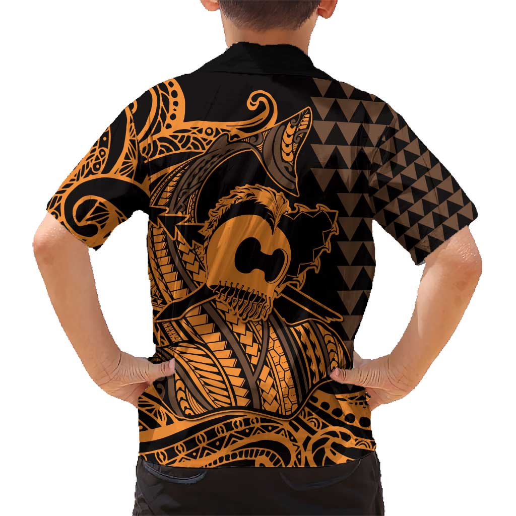 Koa Ikaika Warrior Helmet with Shark Kid Hawaiian Shirt Gold Kakau Style
