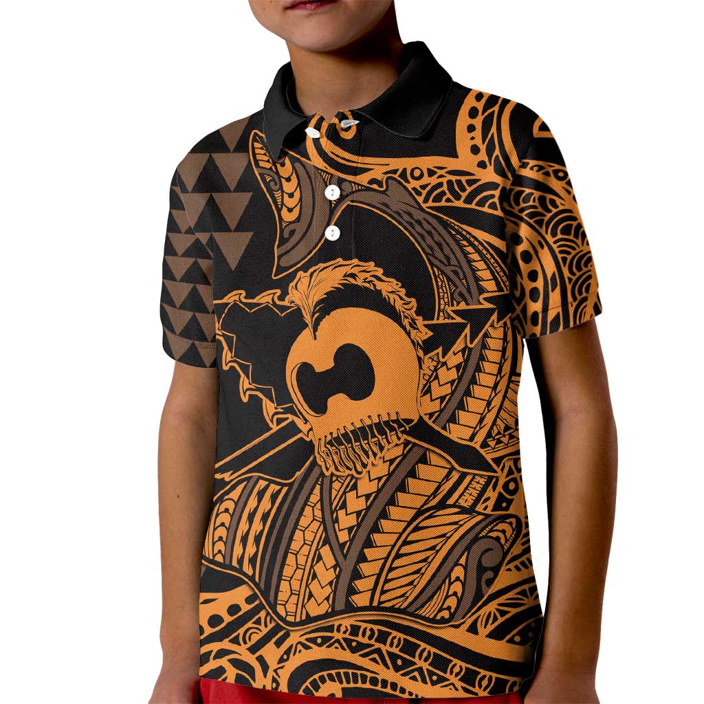 Koa Ikaika Warrior Helmet with Shark Kid Polo Shirt Gold Kakau Style