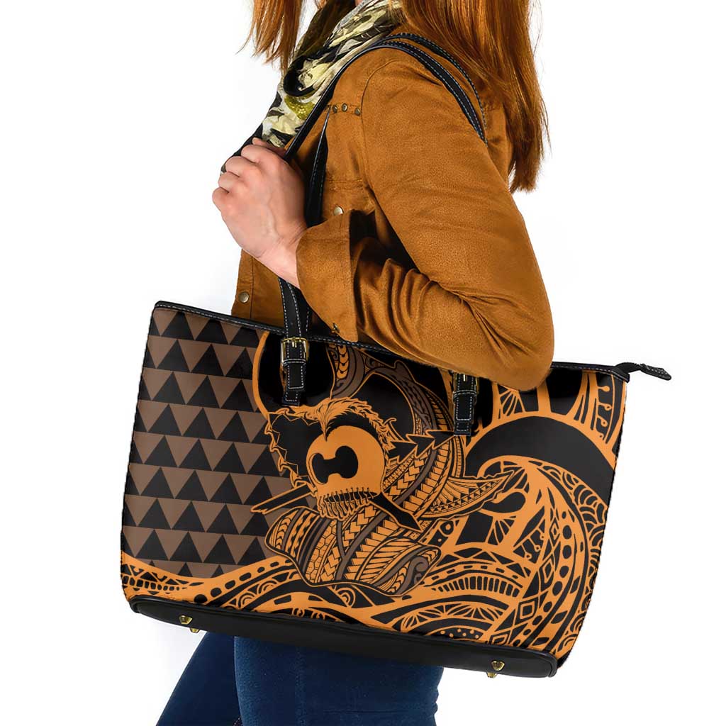 Koa Ikaika Warrior Helmet with Shark Leather Tote Bag Gold Kakau Style LT9 Gold - Polynesian Pride