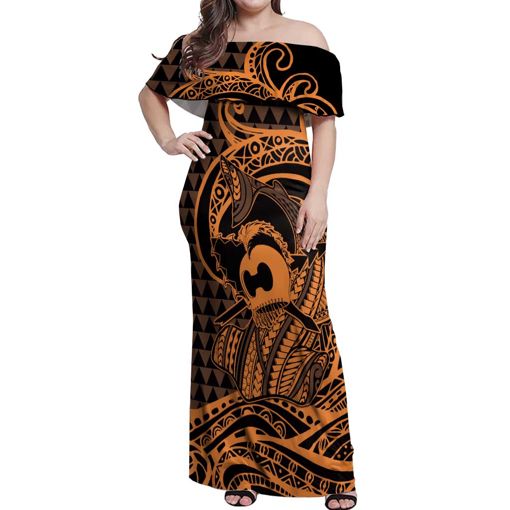 Koa Ikaika Warrior Helmet with Shark Off Shoulder Maxi Dress Gold Kakau Style LT9 Women Gold - Polynesian Pride