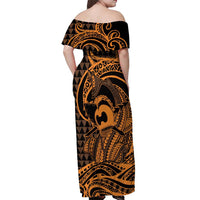 Koa Ikaika Warrior Helmet with Shark Off Shoulder Maxi Dress Gold Kakau Style