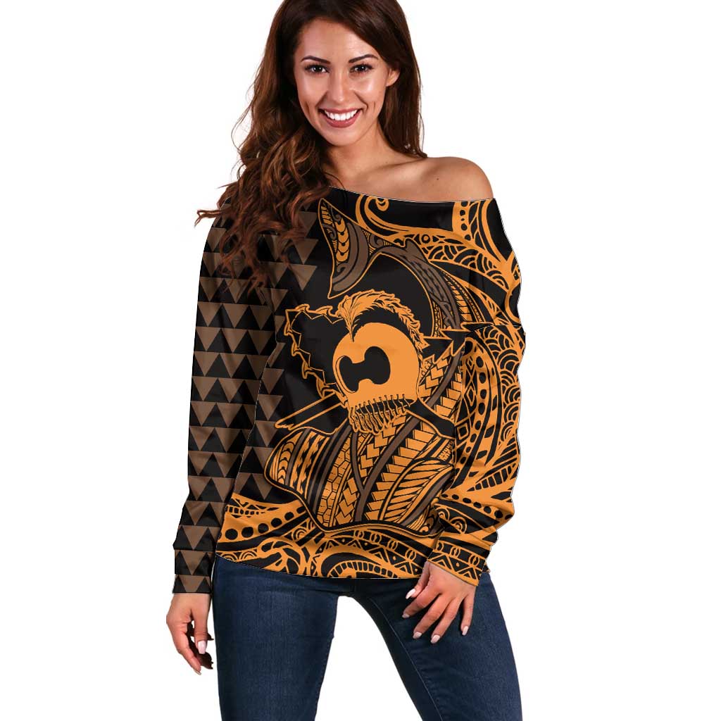 Koa Ikaika Warrior Helmet with Shark Off Shoulder Sweater Gold Kakau Style LT9 Women Gold - Polynesian Pride