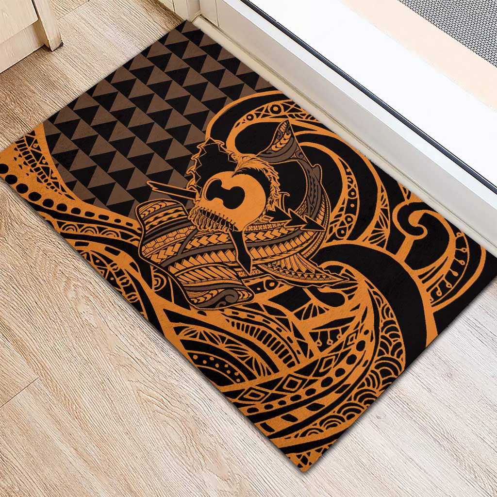 Koa Ikaika Warrior Helmet with Shark Rubber Doormat Gold Kakau Style