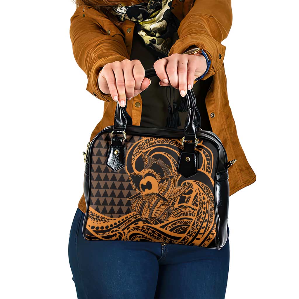 Koa Ikaika Warrior Helmet with Shark Shoulder Handbag Gold Kakau Style LT9 One Size Gold - Polynesian Pride