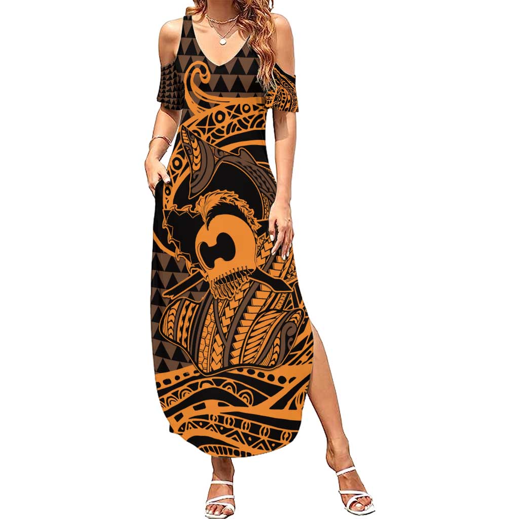 Koa Ikaika Warrior Helmet with Shark Summer Maxi Dress Gold Kakau Style LT9 Women Gold - Polynesian Pride