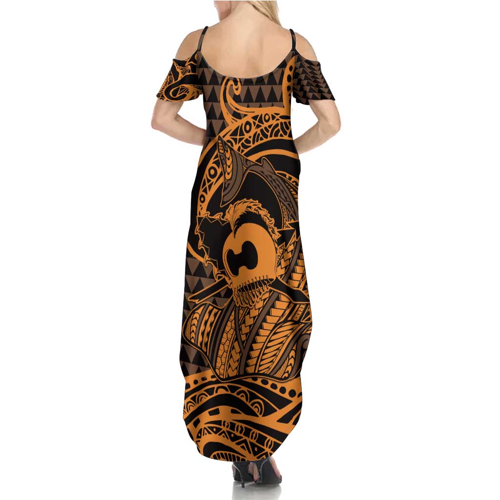 Koa Ikaika Warrior Helmet with Shark Summer Maxi Dress Gold Kakau Style LT9 - Polynesian Pride