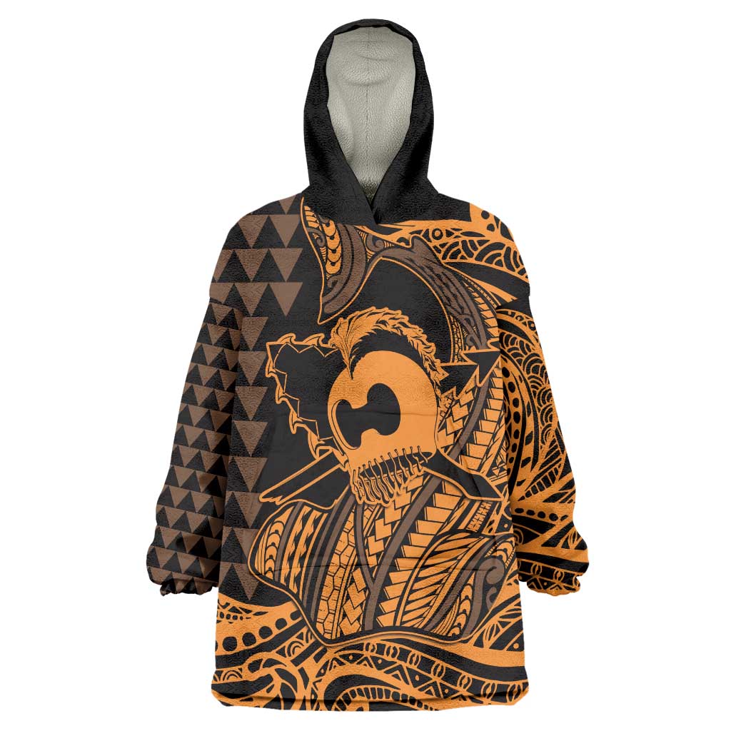 Koa Ikaika Warrior Helmet with Shark Wearable Blanket Hoodie Gold Kakau Style LT9 One Size Gold - Polynesian Pride