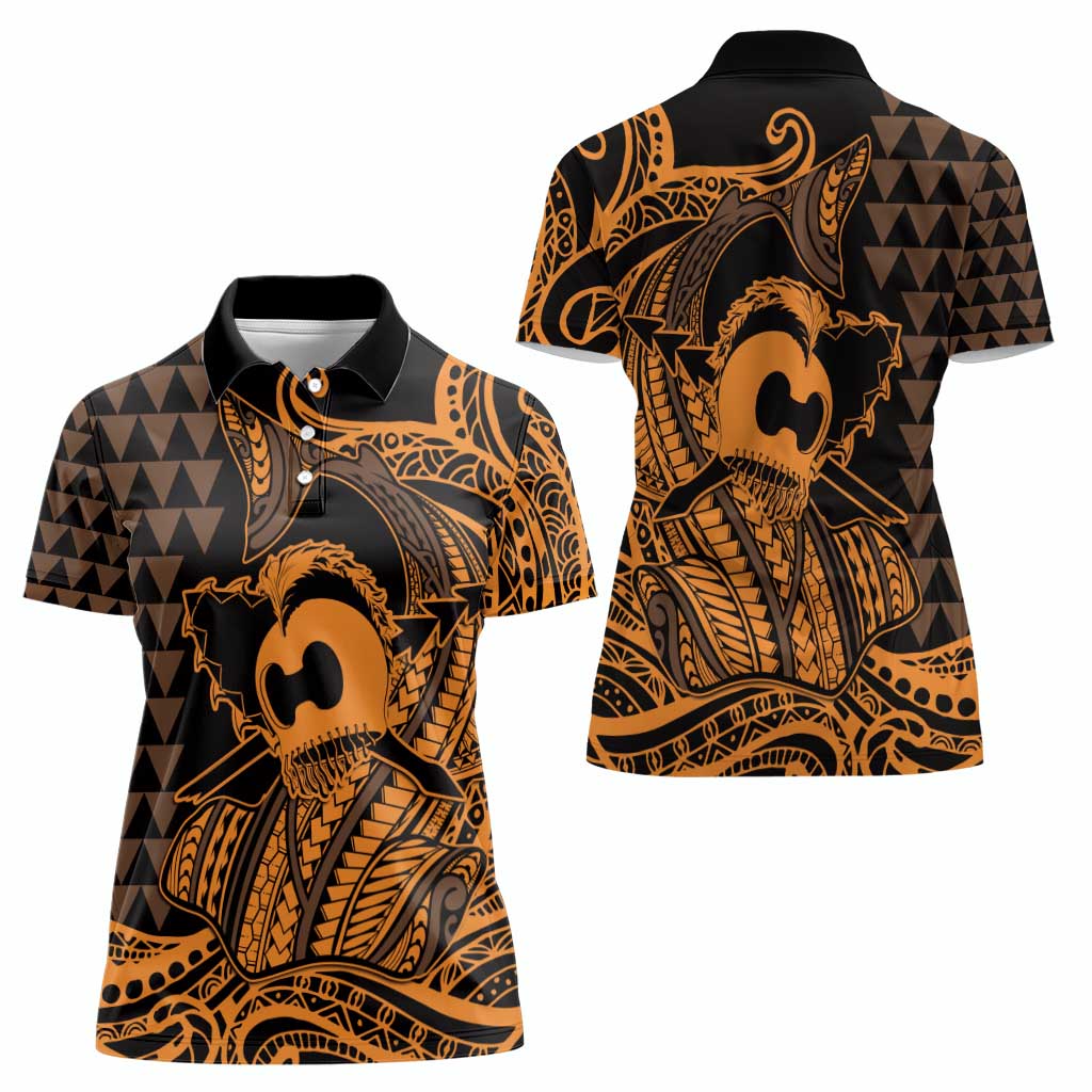 Koa Ikaika Warrior Helmet with Shark Women Polo Shirt Gold Kakau Style