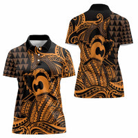 Koa Ikaika Warrior Helmet with Shark Women Polo Shirt Gold Kakau Style