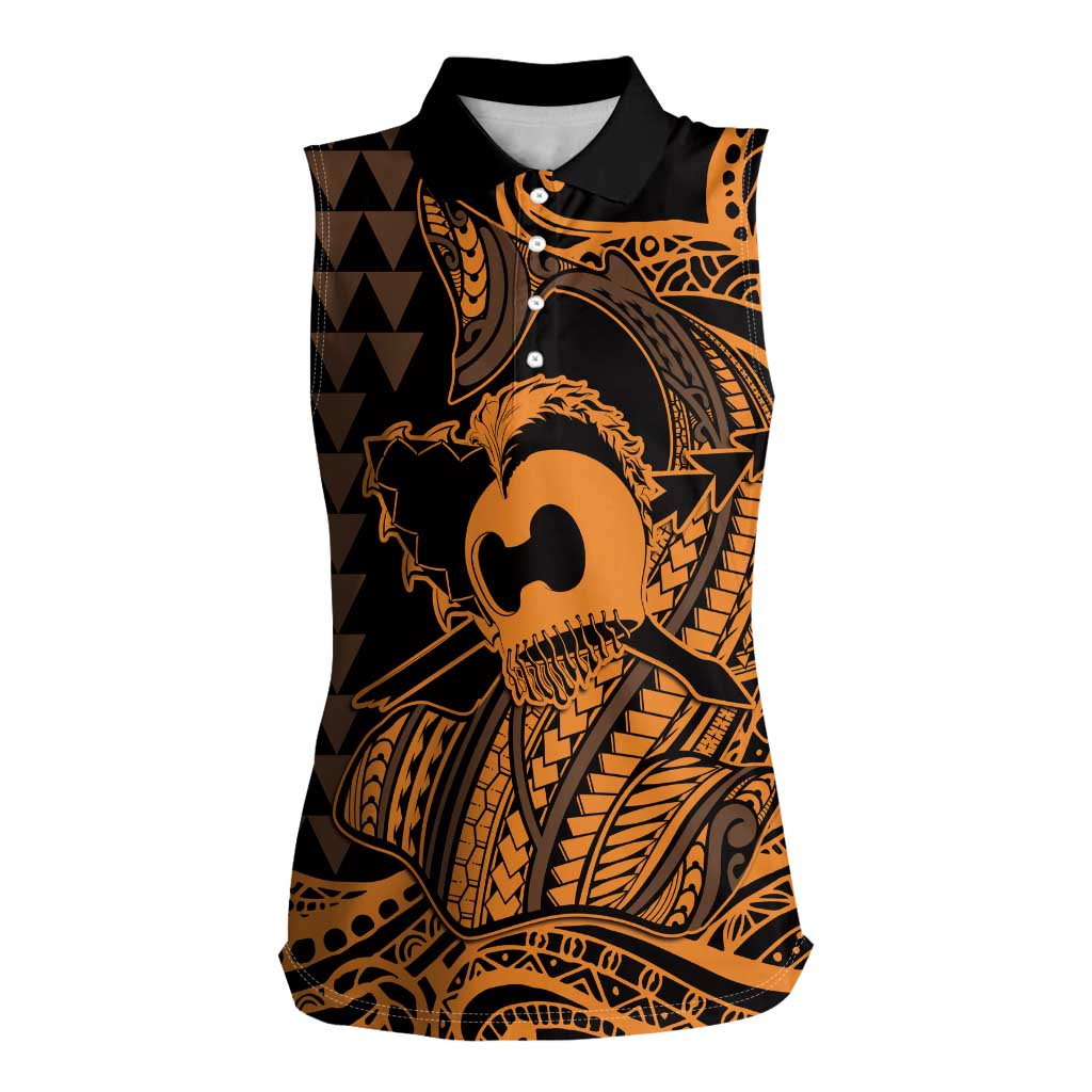 Koa Ikaika Warrior Helmet with Shark Women Sleeveless Polo Shirt Gold Kakau Style