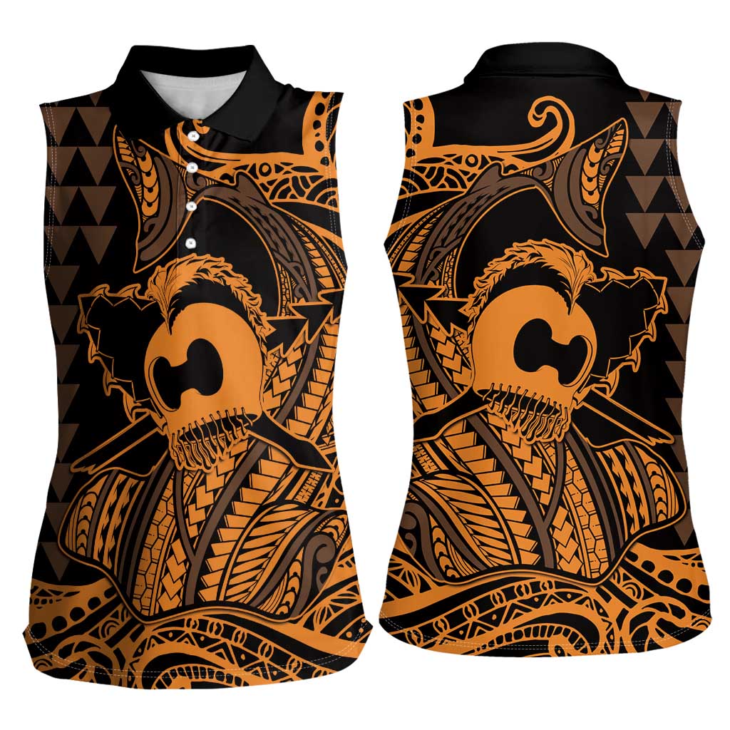 Koa Ikaika Warrior Helmet with Shark Women Sleeveless Polo Shirt Gold Kakau Style