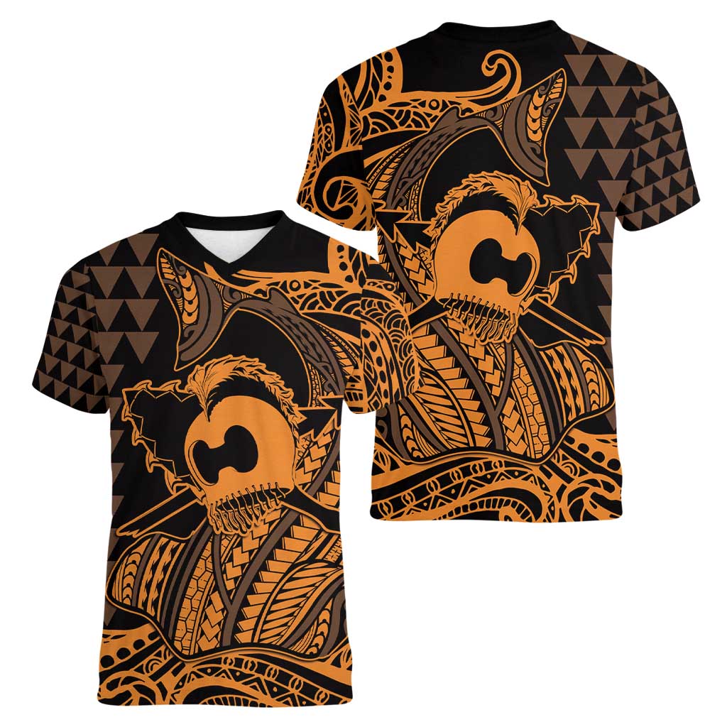 Koa Ikaika Warrior Helmet with Shark Women V-Neck T-Shirt Gold Kakau Style