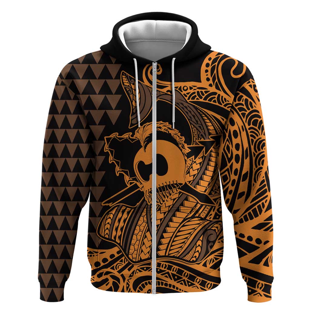 Koa Ikaika Warrior Helmet with Shark Zip Hoodie Gold Kakau Style LT9 Zip Hoodie Gold - Polynesian Pride