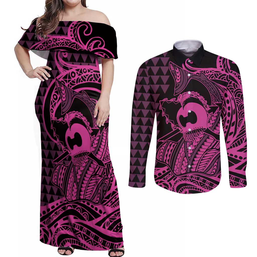 Koa Ikaika Warrior Helmet with Shark Couples Matching Off Shoulder Maxi Dress and Long Sleeve Button Shirt Pink Kakau Style