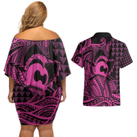 Koa Ikaika Warrior Helmet with Shark Couples Matching Off Shoulder Short Dress and Hawaiian Shirt Pink Kakau Style