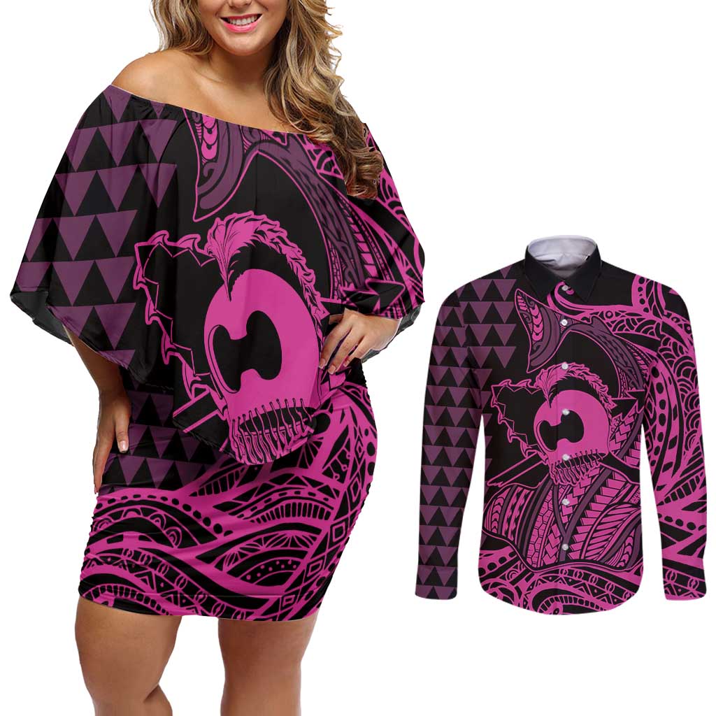Koa Ikaika Warrior Helmet with Shark Couples Matching Off Shoulder Short Dress and Long Sleeve Button Shirt Pink Kakau Style