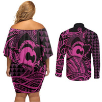 Koa Ikaika Warrior Helmet with Shark Couples Matching Off Shoulder Short Dress and Long Sleeve Button Shirt Pink Kakau Style