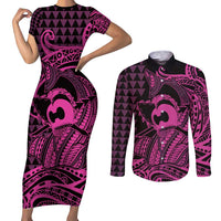Koa Ikaika Warrior Helmet with Shark Couples Matching Short Sleeve Bodycon Dress and Long Sleeve Button Shirt Pink Kakau Style