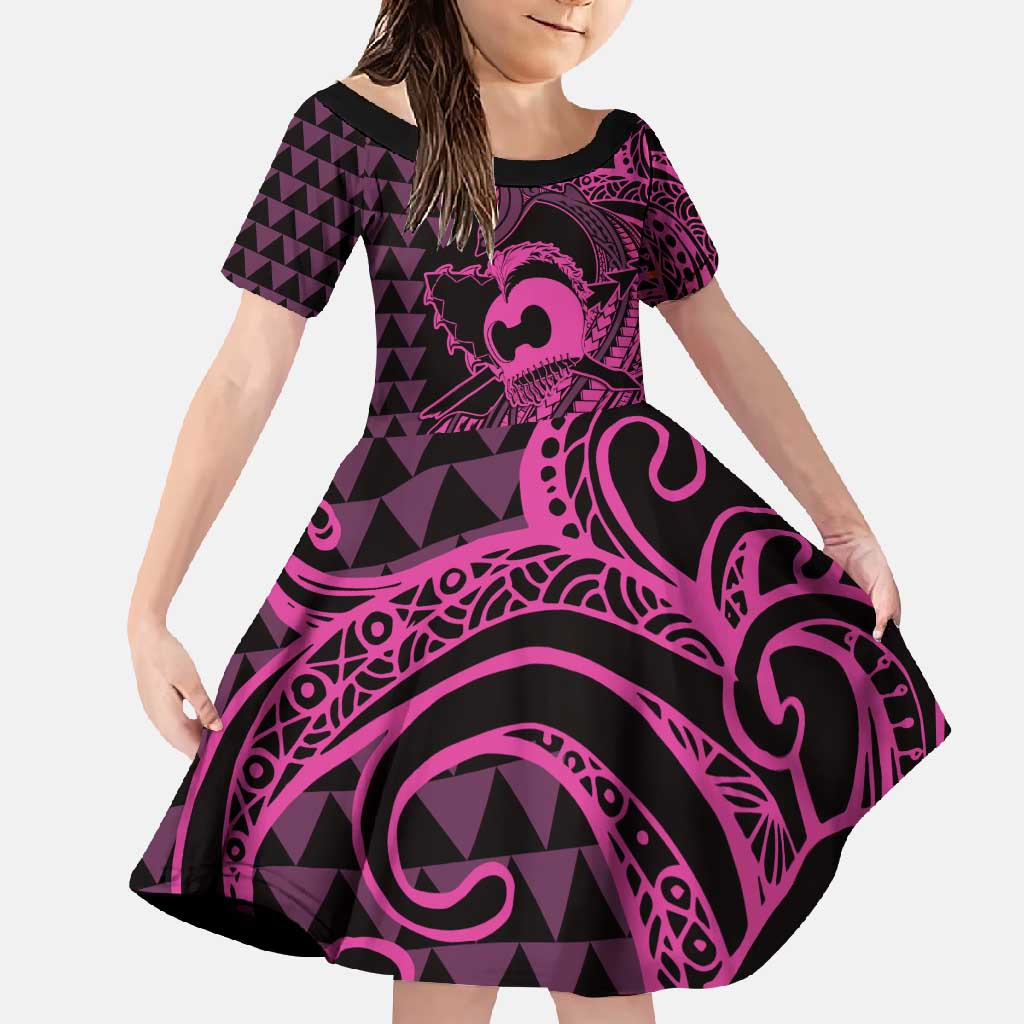 Koa Ikaika Warrior Helmet with Shark Family Matching Mermaid Dress and Hawaiian Shirt Pink Kakau Style LT9 Daughter's Dress Pink - Polynesian Pride