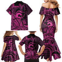 Koa Ikaika Warrior Helmet with Shark Family Matching Mermaid Dress and Hawaiian Shirt Pink Kakau Style LT9 - Polynesian Pride