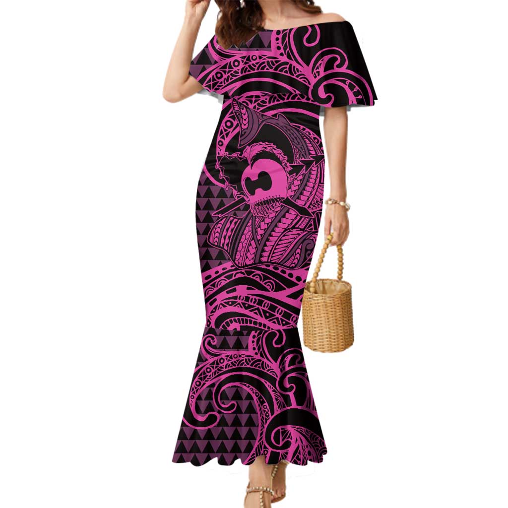 Koa Ikaika Warrior Helmet with Shark Family Matching Mermaid Dress and Hawaiian Shirt Pink Kakau Style LT9 Mom's Dress Pink - Polynesian Pride