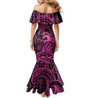 Koa Ikaika Warrior Helmet with Shark Family Matching Mermaid Dress and Hawaiian Shirt Pink Kakau Style LT9 - Polynesian Pride