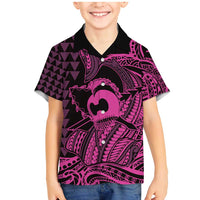 Koa Ikaika Warrior Helmet with Shark Family Matching Mermaid Dress and Hawaiian Shirt Pink Kakau Style LT9 Son's Shirt Pink - Polynesian Pride