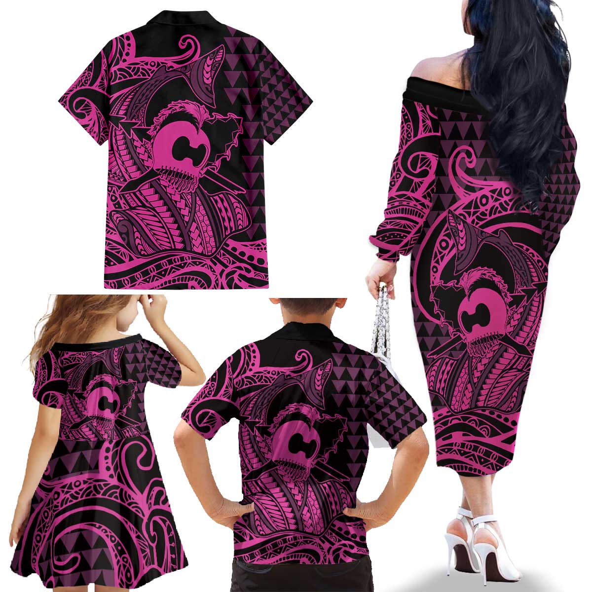Koa Ikaika Warrior Helmet with Shark Family Matching Off The Shoulder Long Sleeve Dress and Hawaiian Shirt Pink Kakau Style LT9 - Polynesian Pride