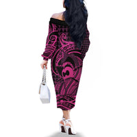 Koa Ikaika Warrior Helmet with Shark Family Matching Off The Shoulder Long Sleeve Dress and Hawaiian Shirt Pink Kakau Style LT9 - Polynesian Pride