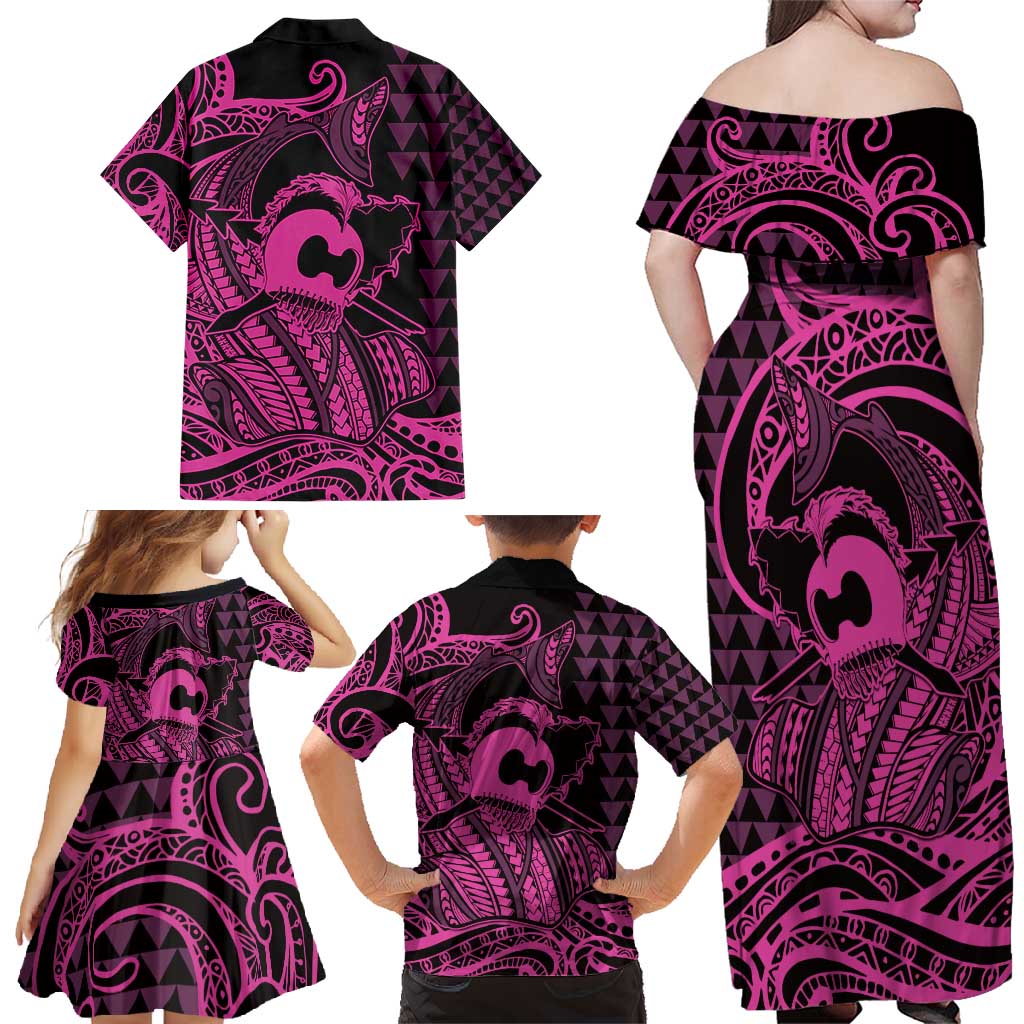 Koa Ikaika Warrior Helmet with Shark Family Matching Off Shoulder Maxi Dress and Hawaiian Shirt Pink Kakau Style LT9 - Polynesian Pride