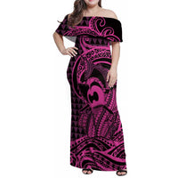 Koa Ikaika Warrior Helmet with Shark Family Matching Off Shoulder Maxi Dress and Hawaiian Shirt Pink Kakau Style LT9 Mom's Dress Pink - Polynesian Pride