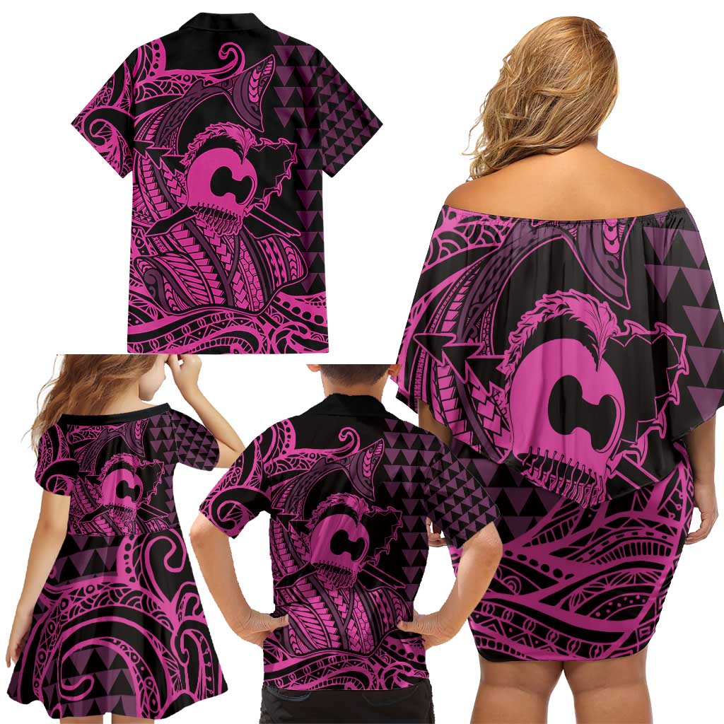 Koa Ikaika Warrior Helmet with Shark Family Matching Off Shoulder Short Dress and Hawaiian Shirt Pink Kakau Style LT9 - Polynesian Pride