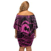 Koa Ikaika Warrior Helmet with Shark Family Matching Off Shoulder Short Dress and Hawaiian Shirt Pink Kakau Style LT9 - Polynesian Pride