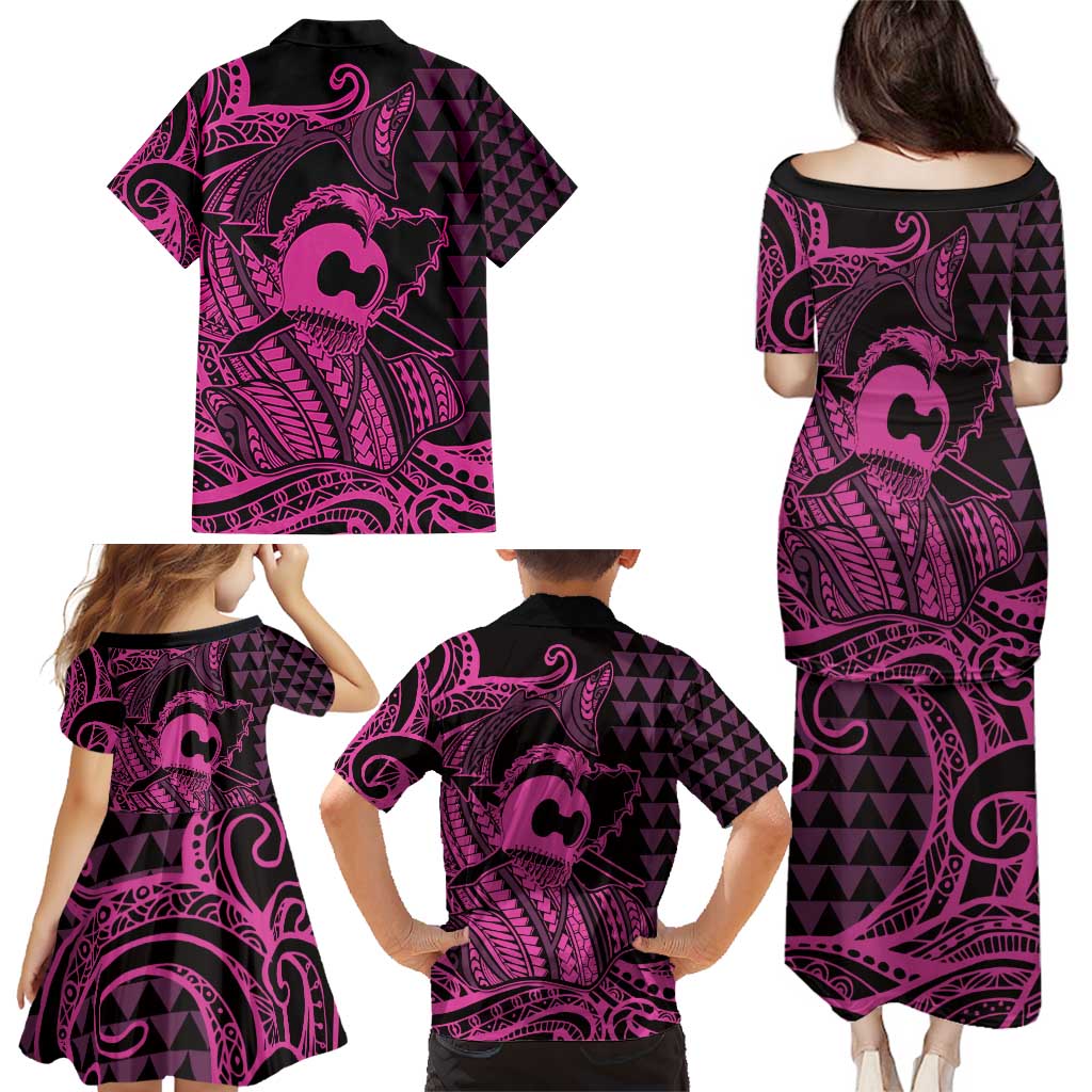 Koa Ikaika Warrior Helmet with Shark Family Matching Puletasi and Hawaiian Shirt Pink Kakau Style