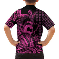 Koa Ikaika Warrior Helmet with Shark Family Matching Short Sleeve Bodycon Dress and Hawaiian Shirt Pink Kakau Style LT9 - Polynesian Pride